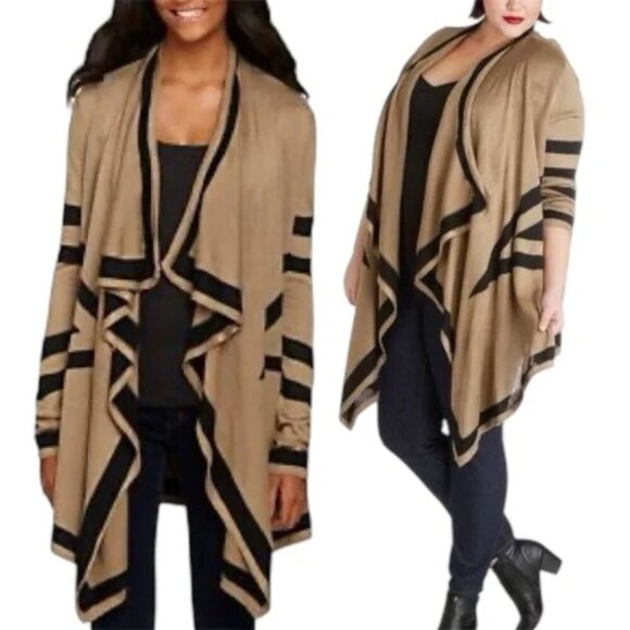 NWT Knit Taupe & Black Striped Long Sleeve Open Front Relaxed Cardigan Sweater S - Picture 3 of 6